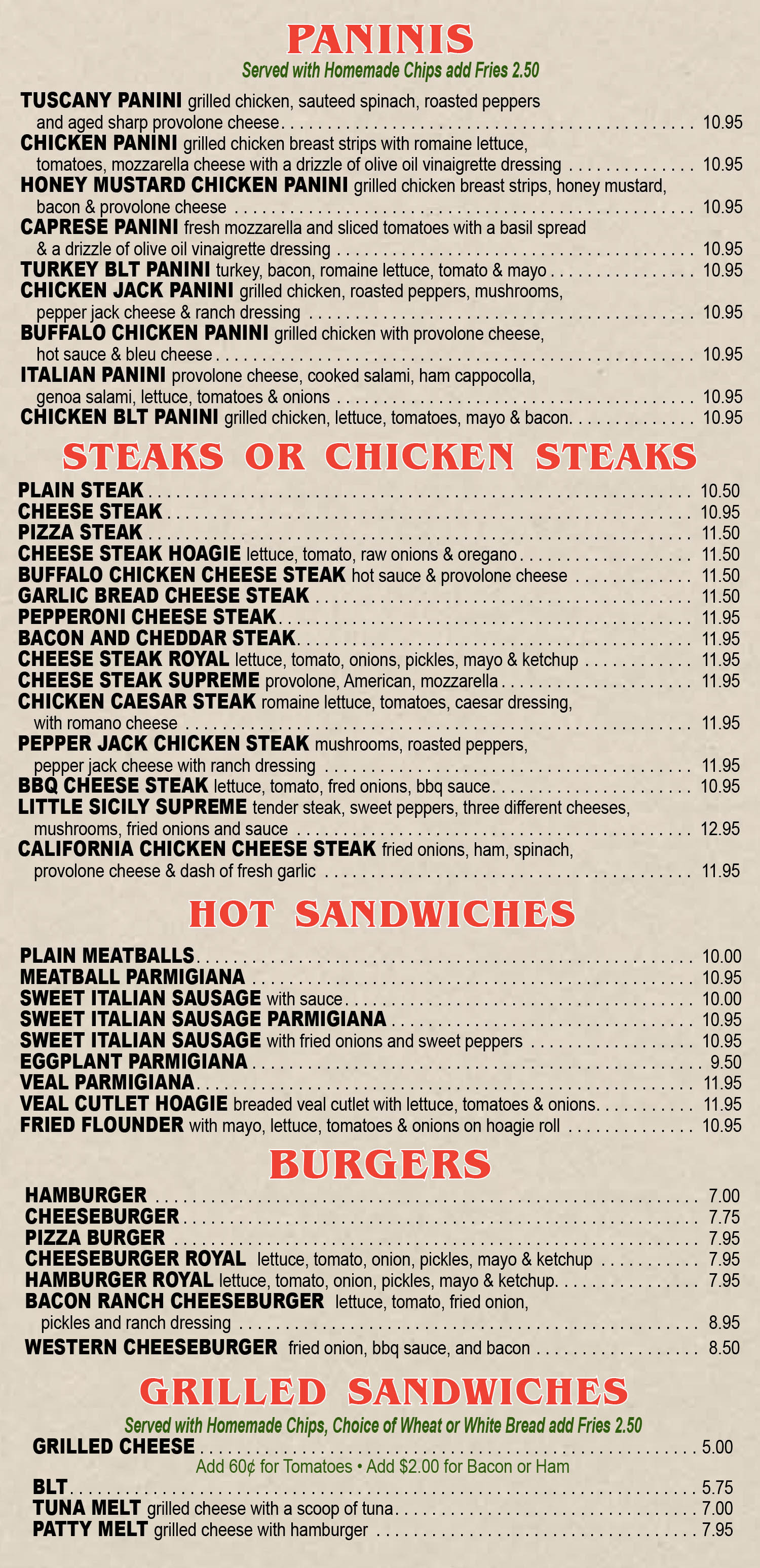 Paninis - Steaks - Burgers - Sandwiches